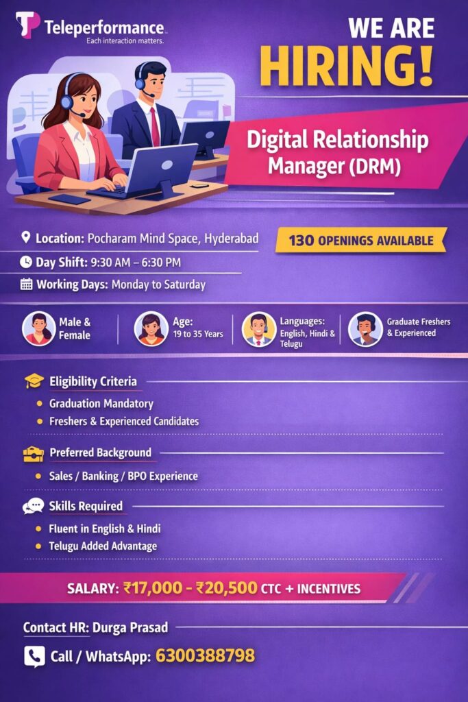 Teleperformance Hyderabad Bulk Hiring 2026 – Digital Relationship Manager (DRM) Jobs for Freshers | Salary ₹17,000 – ₹20,500 + Incentives! Apply Now