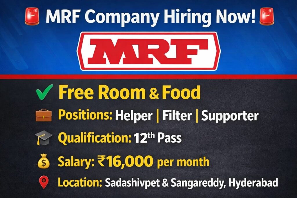 MRF Company Jobs 2025 in Hyderabad – ₹16,000 Salary + Free Food & Room for 12th Pass