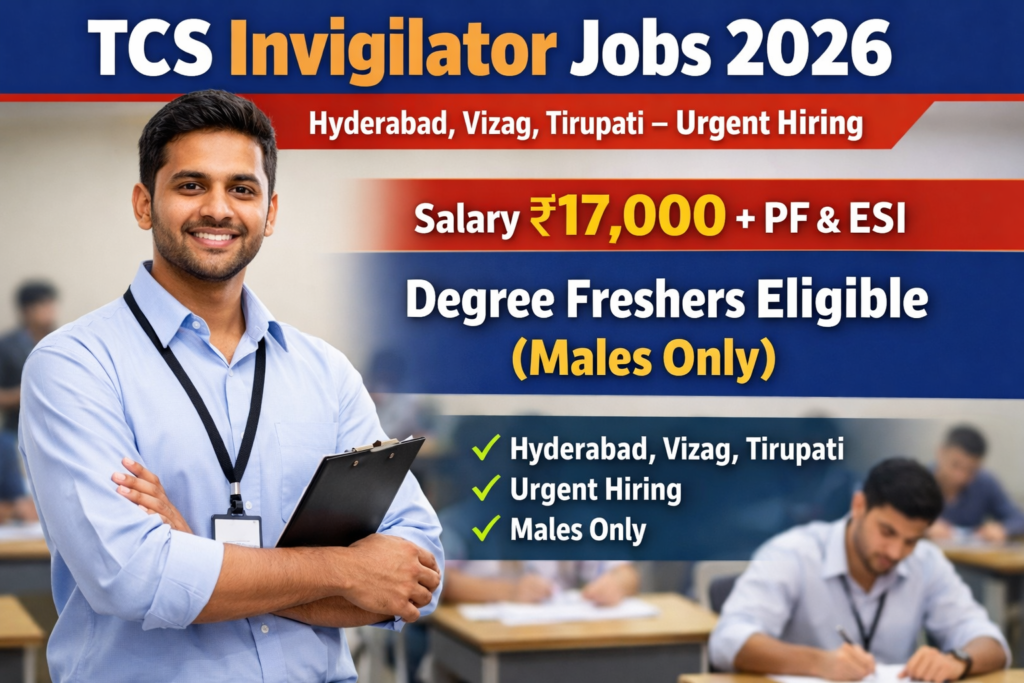 TCS Invigilator Jobs 2026 in Hyderabad, Vizag, Tirupati – Urgent Hiring | Salary ₹17,000 + PF ESI | Degree Freshers Eligible (Males Only)