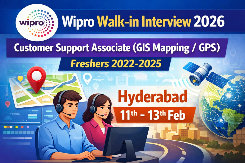 Wipro Walk-in Interview 2026 | Customer Support Associate (GIS Mapping / GPS) – Freshers 2022-2025 | Hyderabad 11-13 Feb