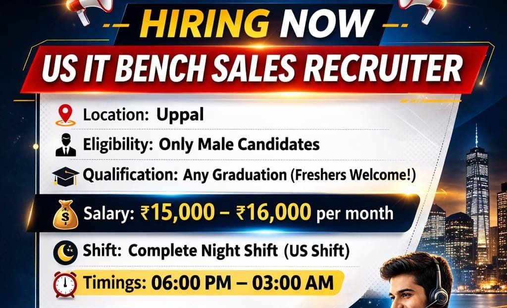 Urgent Hiring: US IT Bench Sales Recruiter (Fresher Friendly) Uppal Hyderabad | Night Shift Jobs 2026