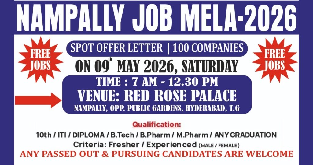 Nampally Job Mela 2026 in Hyderabad on 9th May | 100 Companies | Spot Offer Letters