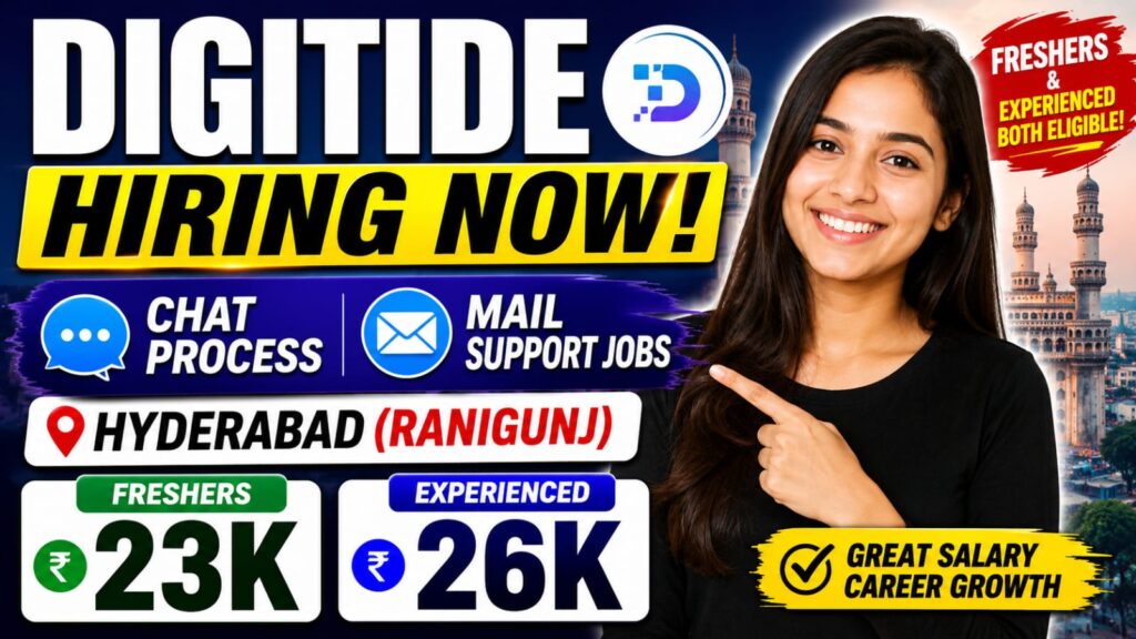 DIGITIDE Hiring Chat Process & Mail Support Jobs in Hyderabad (Ranigunj) – Freshers 23k | Experienced 26k