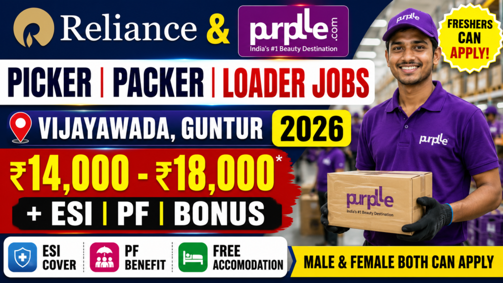 Reliance & Purple Picker Packer & Loader Jobs in Vijayawada, Guntur 2026 | ₹14,000 - ₹18,000 + ESI PF + Free Accommodation"