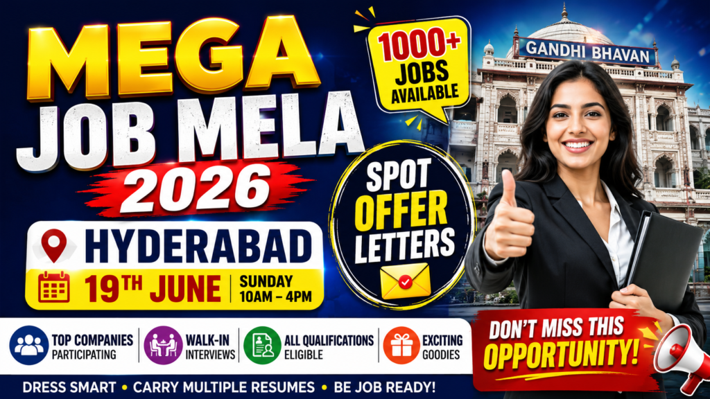 Mega Job Mela 2026 Hyderabad | 19th June at Gandhi Bhavan Nampally | Spot Offer Letters