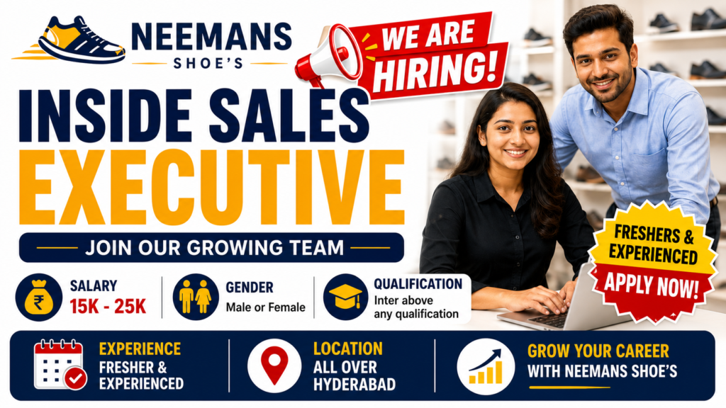 Neemans Shoes Recruitment 2026 | Inside Sales Executive Jobs in Hyderabad | Salary ₹15,000–₹25,000 | Freshers & Experienced Apply
