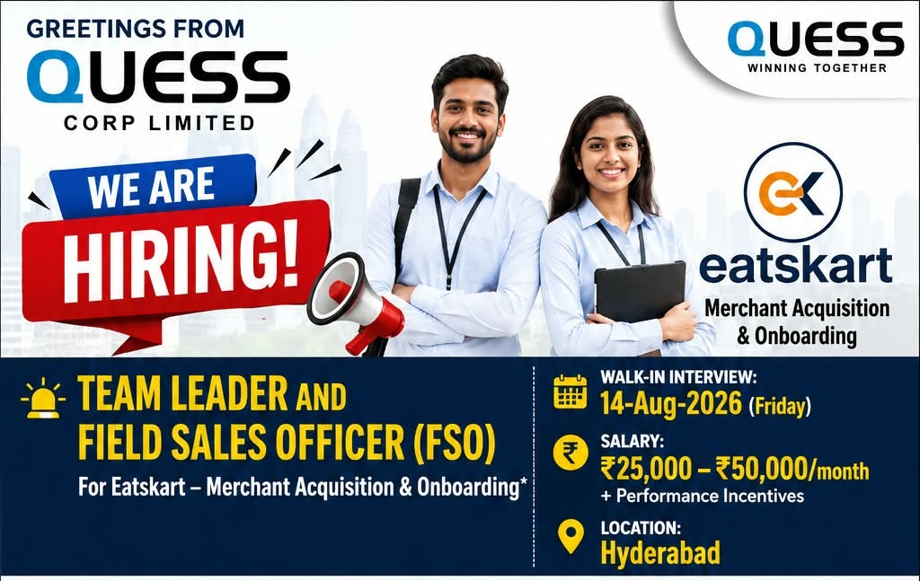 Quess Corp Hiring 2026 in Hyderabad | Field Sales Officer & Team Leader Jobs | Salary Up to ₹50,000 | Walk-In