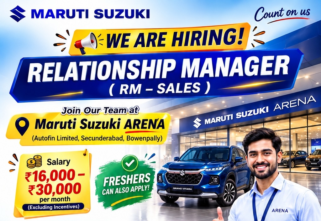 Maruti Suzuki ARENA Relationship Manager Jobs 2026 | Freshers Can Apply | Salary Up to ₹30,000