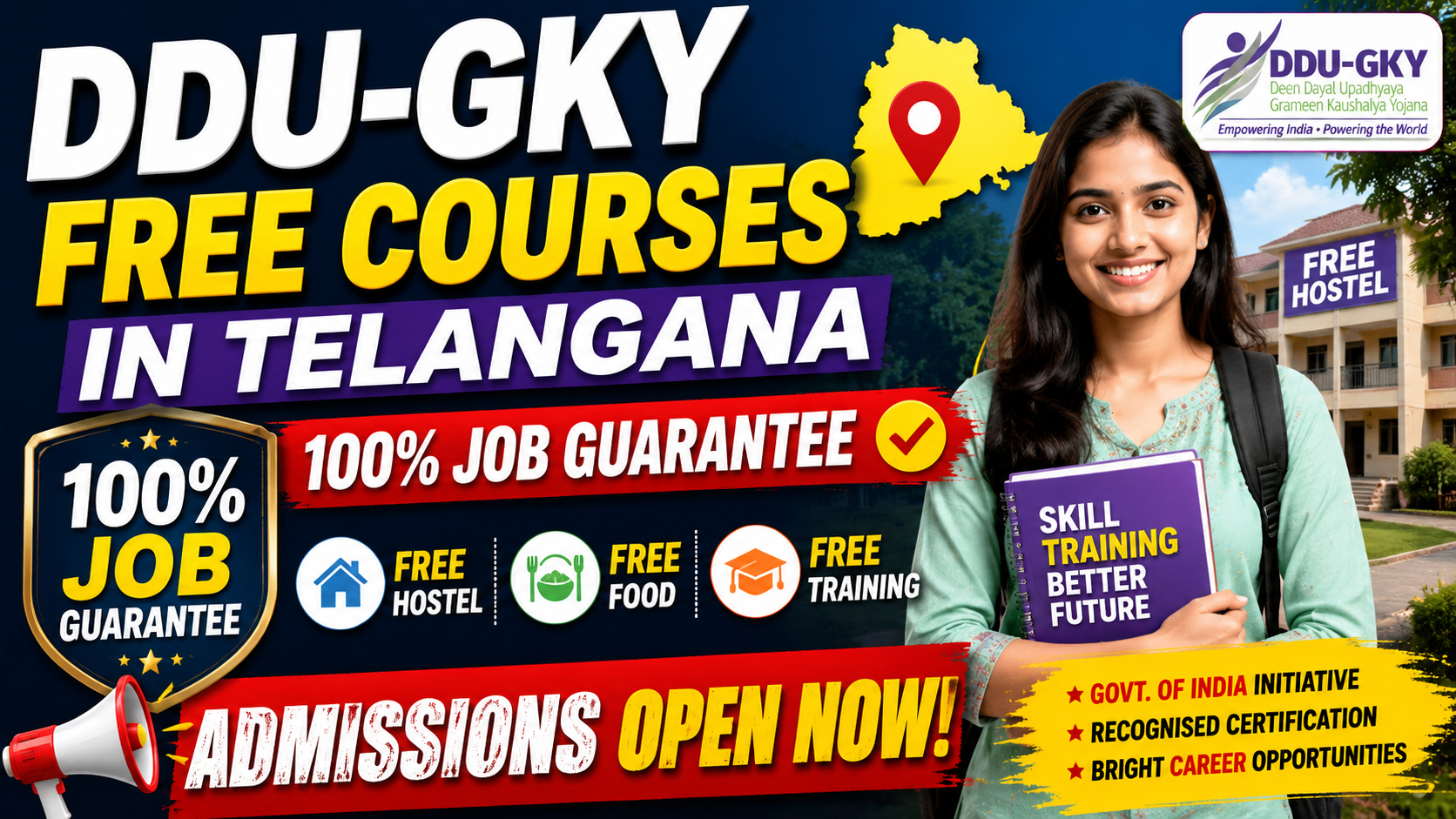 DDU-GKY Free Courses in Telangana | 100% Job Guarantee | Free Hostel, Food & Training | Admissions Open Now