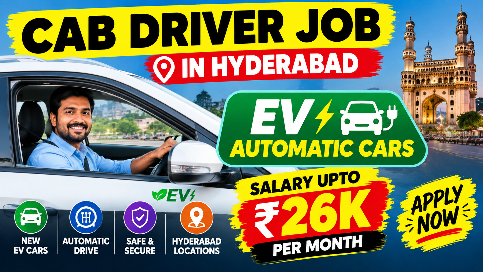 Cab Driver Jobs in Hyderabad 2026 | EV Automatic Car Driver Jobs | Salary Up to ₹26,000 Per Month