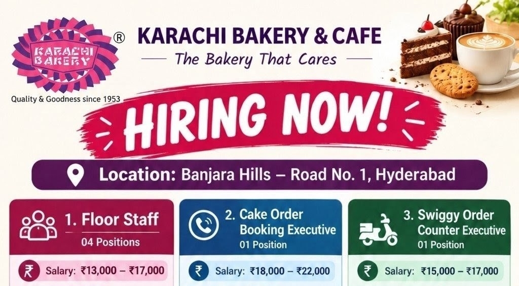 Karachi Bakery Hyderabad Hiring Now – Floor Staff, Cake & Swiggy Jobs